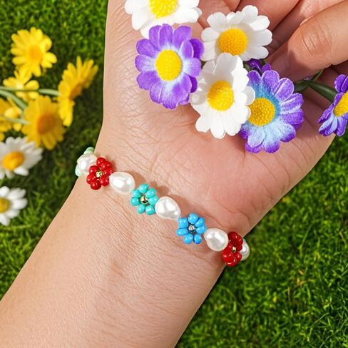 Cute Flower Pearl Beaded Stretch Bracelet for Women,Handmade Boho Colorful Flower Bracelet Statement Summer Jewelry Birthday Gift Friendship in Kuwait