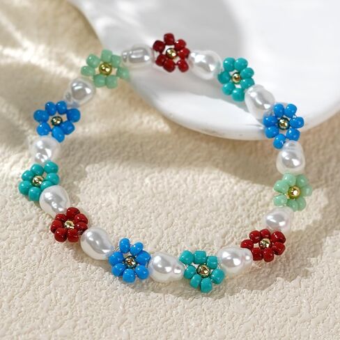Cute Flower Pearl Beaded Stretch Bracelet for Women,Handmade Boho Colorful Flower Bracelet Statement Summer Jewelry Birthday Gift Friendship in Kuwait