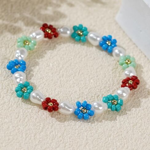 Cute Flower Pearl Beaded Stretch Bracelet for Women,Handmade Boho Colorful Flower Bracelet Statement Summer Jewelry Birthday Gift Friendship in Kuwait