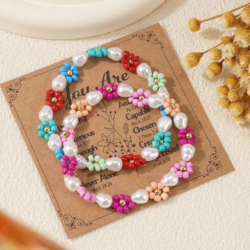 Cute Flower Pearl Beaded Stretch Bracelet for Women,Handmade Boho Colorful Flower Bracelet Statement Summer Jewelry Birthday Gift Friendship in Kuwait