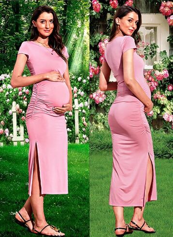 Fall Maternity Dresses Long Sleeve Round Neck Ruched Maternity Clothes 2024 Casual Pregnancy Dresses for Photoshoot,Navy M in Saudi Arabia