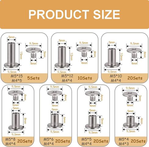 zDwfDc 115Sets Chicago Screws for Leather Rivet Kit M5*4, 5, 6, 8, 10, 12, 15 Bronze Brass Rivets for Leather Tools DD031-GT in Kuwait