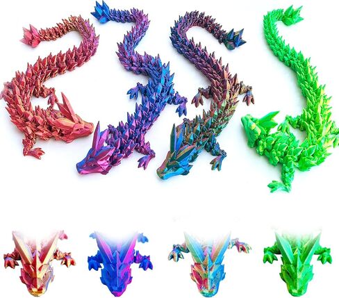 3D Printed Crystal Dragon Fidget Toys, 4Pcs - 12-Inch Articulated Dragons | Flexible Dragon Toys & Collectible 3D Printed Dragons in Kuwait