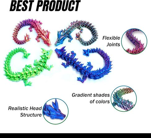 3D Printed Crystal Dragon Fidget Toys, 4Pcs - 12-Inch Articulated Dragons | Flexible Dragon Toys & Collectible 3D Printed Dragons in Kuwait