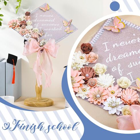 MotiMind 46 Pcs DIY Graduation Cap Decorations Kit Included Paper Flowers, 3D Butterfly Stickers, Rhinestone, Letter, Pearl Stickers, Mesh Ribbon Bow for DIY Grad Cap Decor(Pink) in Saudi Arabia