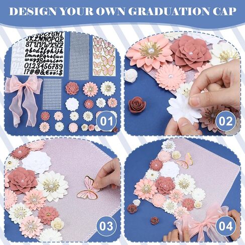 MotiMind 46 Pcs DIY Graduation Cap Decorations Kit Included Paper Flowers, 3D Butterfly Stickers, Rhinestone, Letter, Pearl Stickers, Mesh Ribbon Bow for DIY Grad Cap Decor(Pink) in Saudi Arabia