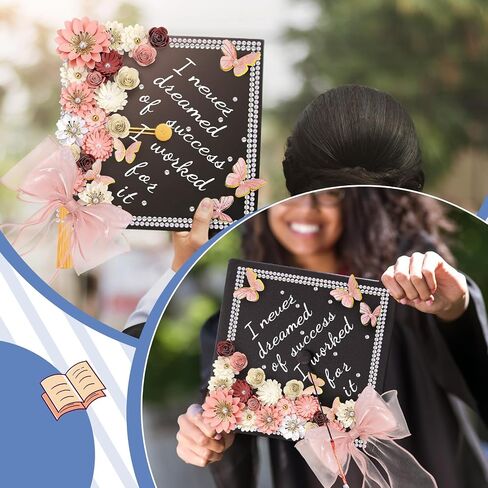MotiMind 46 Pcs DIY Graduation Cap Decorations Kit Included Paper Flowers, 3D Butterfly Stickers, Rhinestone, Letter, Pearl Stickers, Mesh Ribbon Bow for DIY Grad Cap Decor(Pink) in Saudi Arabia