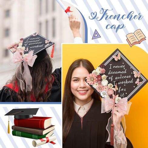 MotiMind 46 Pcs DIY Graduation Cap Decorations Kit Included Paper Flowers, 3D Butterfly Stickers, Rhinestone, Letter, Pearl Stickers, Mesh Ribbon Bow for DIY Grad Cap Decor(Pink) in Saudi Arabia