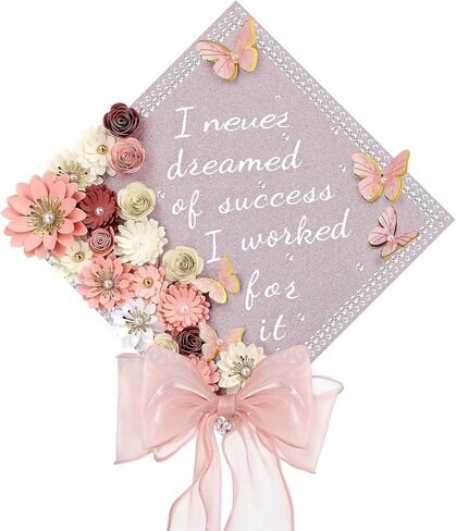 MotiMind 46 Pcs DIY Graduation Cap Decorations Kit Included Paper Flowers, 3D Butterfly Stickers, Rhinestone, Letter, Pearl Stickers, Mesh Ribbon Bow for DIY Grad Cap Decor(Pink) in Saudi Arabia
