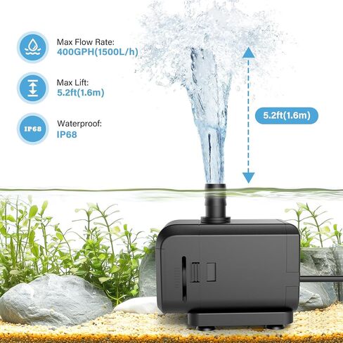 AQQA Submersible Aquarium Water Pump, Fountain Pump with Adjustable Flow,Dual-Suction Side/Bottom Intake,Ultra-Quiet Thermal Protection for Freshwater Saltwater Fish Tanks Pond Statuary Hydroponics 6W in Kuwait