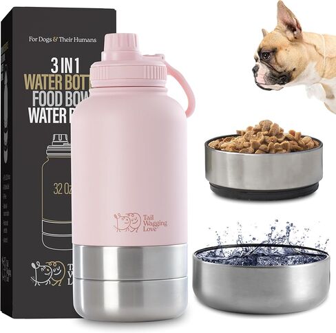 32oz 3-in-1 Travel Water Bottle for Dogs & Humans, Dual Use, Stainless Steel, Keeps Water Hot 6hrs/Cold 12hrs, Leak-Proof with Detachable Food & Water Bowls, Perfect for Travel in Kuwait