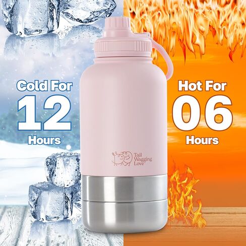 32oz 3-in-1 Travel Water Bottle for Dogs & Humans, Dual Use, Stainless Steel, Keeps Water Hot 6hrs/Cold 12hrs, Leak-Proof with Detachable Food & Water Bowls, Perfect for Travel in Kuwait