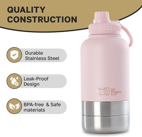 32oz 3-in-1 Travel Water Bottle for Dogs & Humans, Dual Use, Stainless Steel, Keeps Water Hot 6hrs/Cold 12hrs, Leak-Proof with Detachable Food & Water Bowls, Perfect for Travel in Kuwait