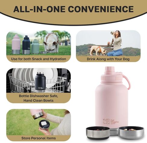 32oz 3-in-1 Travel Water Bottle for Dogs & Humans, Dual Use, Stainless Steel, Keeps Water Hot 6hrs/Cold 12hrs, Leak-Proof with Detachable Food & Water Bowls, Perfect for Travel in Kuwait