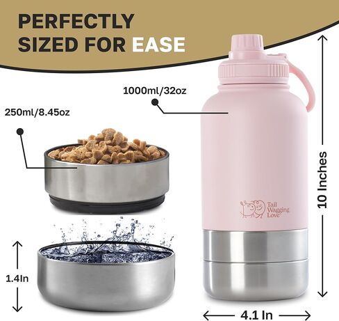 32oz 3-in-1 Travel Water Bottle for Dogs & Humans, Dual Use, Stainless Steel, Keeps Water Hot 6hrs/Cold 12hrs, Leak-Proof with Detachable Food & Water Bowls, Perfect for Travel in Kuwait