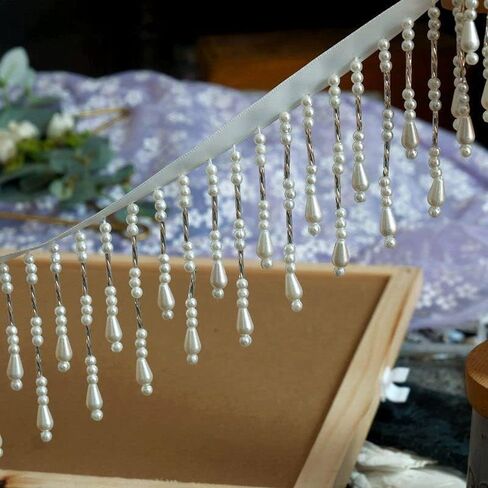 2 Yard/Lot Pearl Beaded Beaded Lace Trim 7.5cm DIY Stage Critain Curtain Closing Wedding Dress Occistories Home (White) in Kuwait