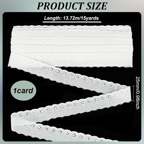 FINGERINSPIRE 15 Yards Cotton Eyelet Lace Trim 1 inch Wide White Cotton Lace Ribbon Wavy Edge Floral Embroidered Sewing Lace Trim for Dresses Clothes Tablecloth Blankets Pillow DIY Decorations in Saudi Arabia