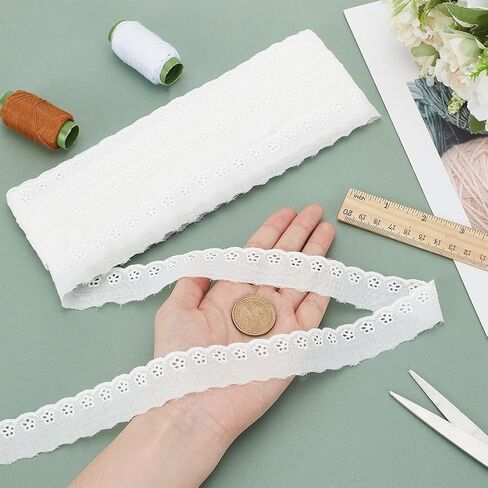 FINGERINSPIRE 15 Yards Cotton Eyelet Lace Trim 1 inch Wide White Cotton Lace Ribbon Wavy Edge Floral Embroidered Sewing Lace Trim for Dresses Clothes Tablecloth Blankets Pillow DIY Decorations in Saudi Arabia