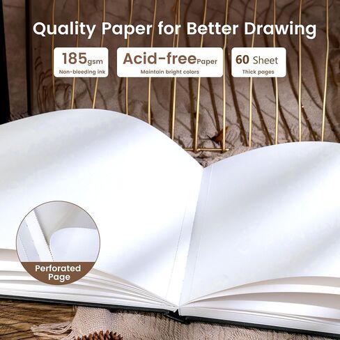 Cagie Hardcover Sketch Book for Drawing ، Paper Sketchbook 185 GSM ، 11.7 "× 8.9" كراسة رسم كبيرة مع كراسة رسم ورقية سميكة لرسم الفنانين ، محاصر للهدايا ، 60 ورقة ، براون in Kuwait