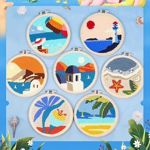 Punch Needle Kits Adults Beginner DIY Hawaiian Style 8 in Hoop Embroidery Set Starter Punch Needle Tool for Art Crafts, Ideal for All Ages, Perfect Festival Decoration & Gift (Summer Beach) in Saudi Arabia