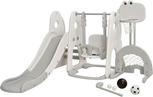 Costzon 6 in 1 Slide Toddler Slide and Swing ، Kids Large Clide Slide Playset مع كرة السلة ، بوابة كرة القدم وثقب الجولف ، مجموعة أرجوحة للملعب في الفناء الخلفي في الهواء الطلق 2-12 هدايا in Kuwait