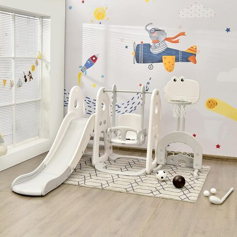 Costzon 6 in 1 Slide Toddler Slide and Swing ، Kids Large Clide Slide Playset مع كرة السلة ، بوابة كرة القدم وثقب الجولف ، مجموعة أرجوحة للملعب في الفناء الخلفي في الهواء الطلق 2-12 هدايا in Kuwait