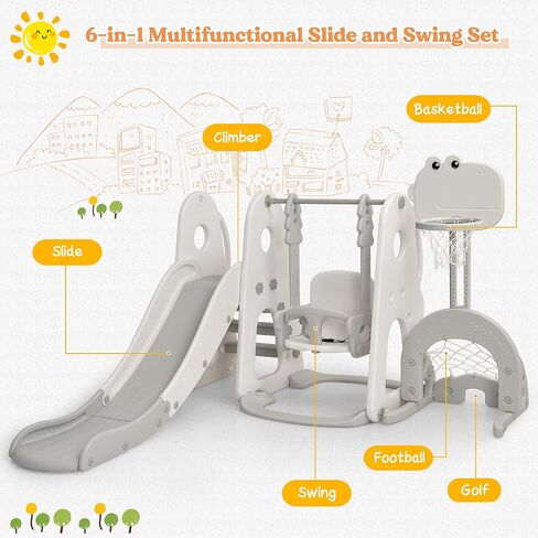 Costzon 6 in 1 Slide Toddler Slide and Swing ، Kids Large Clide Slide Playset مع كرة السلة ، بوابة كرة القدم وثقب الجولف ، مجموعة أرجوحة للملعب في الفناء الخلفي في الهواء الطلق 2-12 هدايا in Kuwait