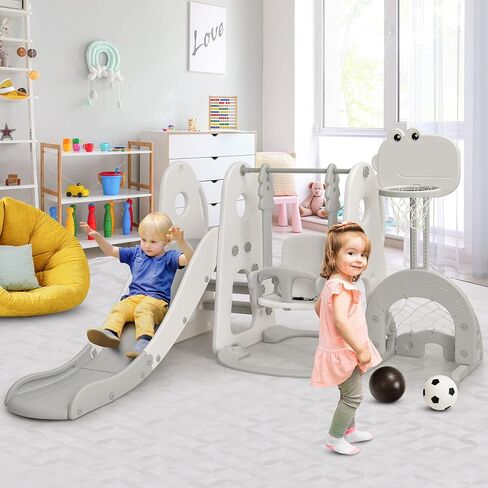 Costzon 6 in 1 Slide Toddler Slide and Swing ، Kids Large Clide Slide Playset مع كرة السلة ، بوابة كرة القدم وثقب الجولف ، مجموعة أرجوحة للملعب في الفناء الخلفي في الهواء الطلق 2-12 هدايا in Kuwait