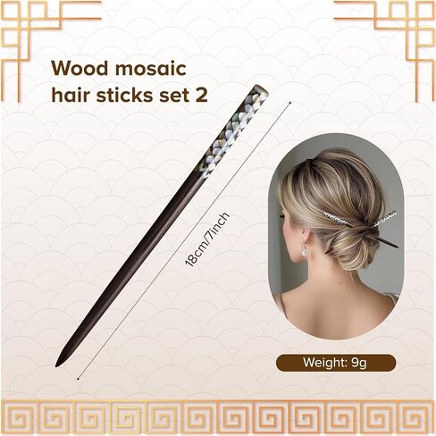Wooden Hair chopsticks, The Head of Top Inlay with Mother of Pearl by Hand, Unique Wooden Hair Sticks, Vintage Hair Chopsticks for Women, Natural Color Black and Gray (Black Pearl sticks) in Saudi Arabia