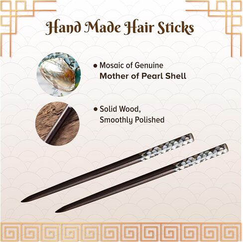 Wooden Hair chopsticks, The Head of Top Inlay with Mother of Pearl by Hand, Unique Wooden Hair Sticks, Vintage Hair Chopsticks for Women, Natural Color Black and Gray (Black Pearl sticks) in Saudi Arabia
