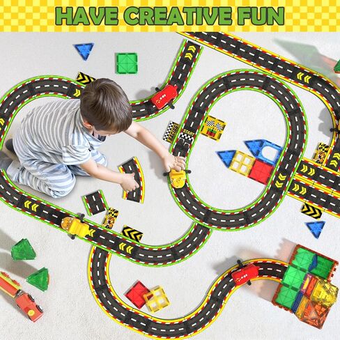 Magnetic Tiles Racing Track & City Road Expansion Pack - Kids Toys STEM Learning Montessori Toys for Toddler Magnetic Blocks Building Toys for 3+ Year Old Boys & Girls, Sensory Play Kids Toys in Saudi Arabia