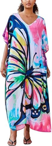 Plus Size Beach Kaftan Dresses for Women Print V-Neck Long Swimsuit Cover Ups in Kuwait