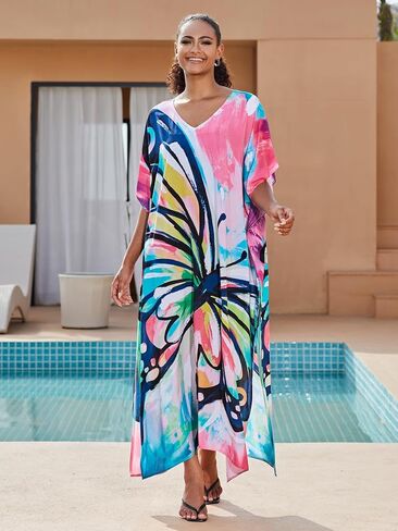 Plus Size Beach Kaftan Dresses for Women Print V-Neck Long Swimsuit Cover Ups in Kuwait