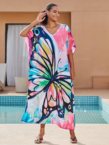 Plus Size Beach Kaftan Dresses for Women Print V-Neck Long Swimsuit Cover Ups in Kuwait