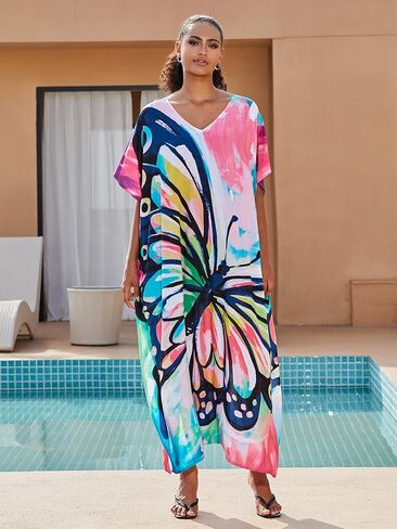 Plus Size Beach Kaftan Dresses for Women Print V-Neck Long Swimsuit Cover Ups in Kuwait