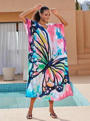 Plus Size Beach Kaftan Dresses for Women Print V-Neck Long Swimsuit Cover Ups in Kuwait