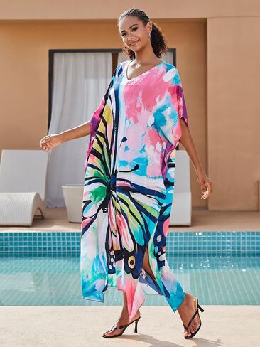Plus Size Beach Kaftan Dresses for Women Print V-Neck Long Swimsuit Cover Ups in Kuwait