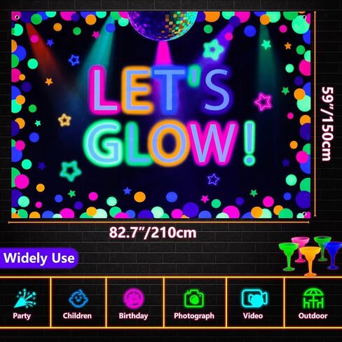 6x4ft Neon Let's Glow Party Backdrop Colorful Photography Background Glow in The Dark Party Supplies, Neon Party Decorations for Kids Birthday Supplies in Saudi Arabia