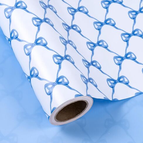 WRAPAHOLIC Blue Bow Wrapping Paper Roll - Mini Roll - 17 Inch x 16.5 Feet - Baby Blue Bow Design, Perfect for Baby Shower, Boy Birthday, Wedding in Saudi Arabia