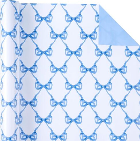 WRAPAHOLIC Blue Bow Wrapping Paper Roll - Mini Roll - 17 Inch x 16.5 Feet - Baby Blue Bow Design, Perfect for Baby Shower, Boy Birthday, Wedding in Saudi Arabia