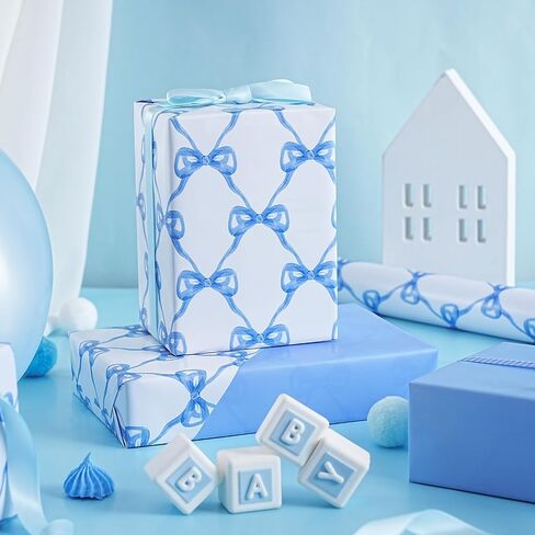 WRAPAHOLIC Blue Bow Wrapping Paper Roll - Mini Roll - 17 Inch x 16.5 Feet - Baby Blue Bow Design, Perfect for Baby Shower, Boy Birthday, Wedding in Saudi Arabia