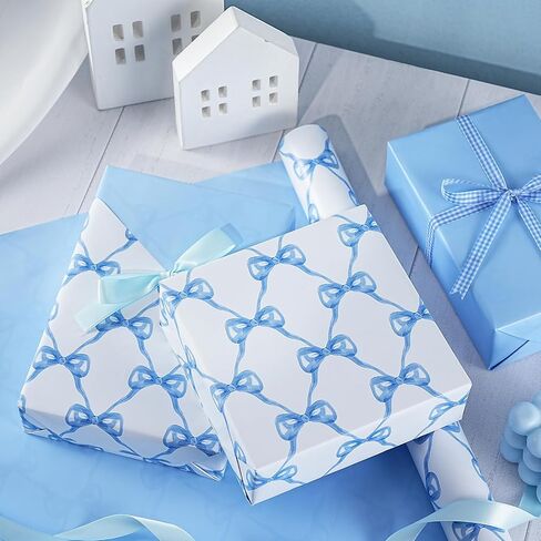 WRAPAHOLIC Blue Bow Wrapping Paper Roll - Mini Roll - 17 Inch x 16.5 Feet - Baby Blue Bow Design, Perfect for Baby Shower, Boy Birthday, Wedding in Saudi Arabia