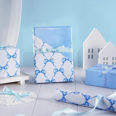 WRAPAHOLIC Blue Bow Wrapping Paper Roll - Mini Roll - 17 Inch x 16.5 Feet - Baby Blue Bow Design, Perfect for Baby Shower, Boy Birthday, Wedding in Saudi Arabia