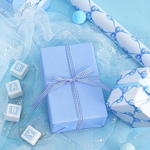 WRAPAHOLIC Blue Bow Wrapping Paper Roll - Mini Roll - 17 Inch x 16.5 Feet - Baby Blue Bow Design, Perfect for Baby Shower, Boy Birthday, Wedding in Saudi Arabia