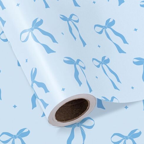 WRAPAHOLIC Blue Bow Wrapping Paper Roll - Mini Roll - 17 Inch x 16.5 Feet - Baby Blue Bow Design, Perfect for Baby Shower, Boy Birthday, Wedding in Saudi Arabia