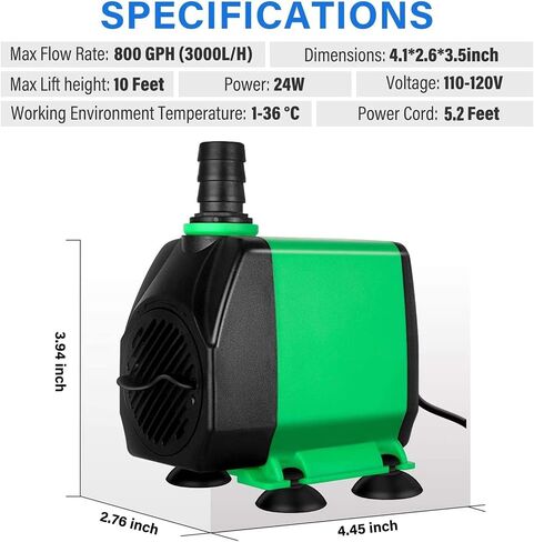 Simple Deluxe 800GPH Submersible Pump (3000L/H, 24W), 10ft High Lift Ultra Quiet Fountain Pump with 3 Nozzles for Fish Tank, Pond, Aquarium, Hydroponics, Green (Pack of 1) in Saudi Arabia