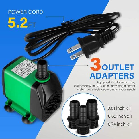 Simple Deluxe 800GPH Submersible Pump (3000L/H, 24W), 10ft High Lift Ultra Quiet Fountain Pump with 3 Nozzles for Fish Tank, Pond, Aquarium, Hydroponics, Green (Pack of 1) in Saudi Arabia
