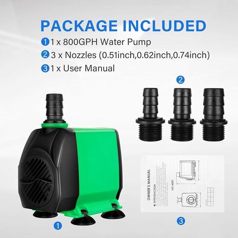 Simple Deluxe 800GPH Submersible Pump (3000L/H, 24W), 10ft High Lift Ultra Quiet Fountain Pump with 3 Nozzles for Fish Tank, Pond, Aquarium, Hydroponics, Green (Pack of 1) in Saudi Arabia