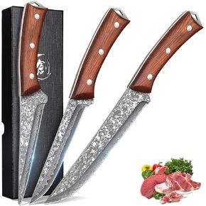 ROCOCO 3PCS Butcher Cleaver Knife Set for Meat Cutting Serbian Chef Knife Viking Boning Cleaver with Sheaths for Kitchen Outdoor BBQ Camping Birthday Father Mother Christmas Gift Idea Men