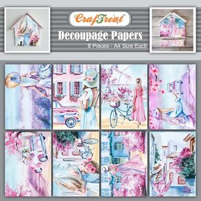 CrafTreat Decoupage Paper for Crafts-Women with Blooms-SizeA4(8.3 x 11.7 Inch)8Pcs-Decoupage Paper for Furniture-Floral Scrapbook Paper-Vintage Lady decoupage Paper-Floral Patterned Paper-Pink Floral